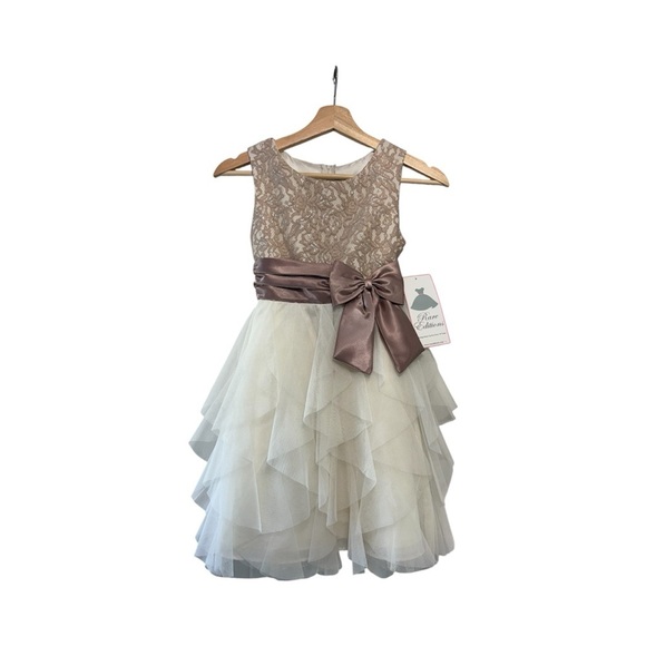 Rare Editions Cream and Taupe Lace Tulle Formal Party Dress Princess Wedding 10 - Picture 2 of 7